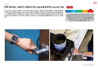 worst bad soso good best
Product
EM Sense는 사용자가 사용하는 object을 감지하는 센서이다. 대부분 전기/전자 제품은 그것을 사용할 때
, 소량의 전자기파를 내보낸다. EM Sense는 사용자가 제품을 쥐고 있을 때, 전해지는 전자기파를 감지하
고 그 제품이 무엇인지 구별해 준다. 이 센서는 다른 부가적인 하드웨어나 특정한 환경 설정 없이 웨어러블
디바이스 안에 내장되어 있기만 하면 사용할 수 있게 된다. 이 센서를 통해 생활밀착형 보조 alert도 가능해
진다.
EM Sense, 사용자가 사용하고 있는 object을 알려주는 sensing 기술
스마트 워치의 음성화가 같이 이루어 진다면, 시각 장
애우들의 보조도구로서 높은 가치를 지닐 것이다. 감각
에 의존하지 않고서도 내가 있는 공간과 활용해야 할
도구들을 편하게 인지할 수 있으니 생활의 편의성이 높
아지는 의미 있는 경험을 제공할 수 있다.
source : Future Interaction Lab
EM Sense, 사용자가 사용하고 있는 object을 알려주는 sensing 기술
 