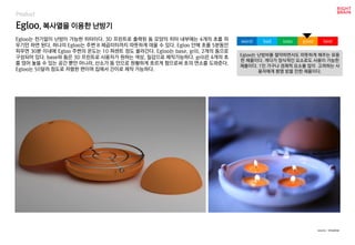 Egloo, 복사열을 이용한 난방기
Egloo는 전기없이 난방이 가능한 히터이다. 3D 프린트로 출력된 돔 모양의 히터 내부에는 4개의 초를 피
우기만 하면 된다. 하나의 Egloo는 주변 8 제곱미터까지 따뜻하게 데울 수 있다. Egloo 안에 초를 5분동안
피우면 30분 이내에 Egloo 주변의 온도는 10 퍼센트 정도 올라간다. Egloo는 base, grill, 2개의 돔으로
구성되어 있다. base와 돔은 3D 프린트로 사용자가 원하는 색상, 질감으로 제작가능하다. grill은 4개의 초
를 얹어 놓을 수 있는 공간 뿐만 아니라, 산소가 돔 안으로 원활하게 흐르게 함으로써 초의 연소를 도와준다.
Egloo는 50달러 정도로 저렴한 편이며 집에서 간이로 제작 가능하다.
Egloo는 난방비를 절약하면서도 따뜻하게 해주는 유용
한 제품이다. 게다가 장식적인 요소로도 사용이 가능한
제품이다. 1인 가구나 경제적 요소를 많이 고려하는 사
용자에게 환영 받을 만한 제품이다.
worst bad soso good best
source : Inhabitat
Product
 