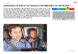 Autonomous Car with in-car Cameras, 차 내부 상황을 감지할 수 있는 자율 주행 자동차
최근 들어, 주요 자동차 제조업체에서는 자율 주행 자동차의 외부 뿐만 아니라, 내부에도 주목하기 시작했
다. 이들의 주장은 자율 주행 자동차는 외부 장애물, 보행자 등 외부 상황 뿐만 아니라 차 내부 상황도 인지
하고 있어야 한다는 것이다. 차 내부 상황을 기존의 여러 센서를 통하여 인지할 수도 있겠지만, AI를 이용하
여 차 내부의 상황도 알아채고자 한다. 사람의 수, 각 사람의 행동 등을 분석하여 상황에 맞는 피드백을 제공
할 수 있어야 한다는 것이 이들의 의견이다. 이러한 기술이 온전히 구현된다면, 사고가 났을 때, 자동차 내부
에서 각 사람 간의 간격 등을 미리 계산하거나, 각 사람들의 행동 등을 분석하여 그에 맞게 대처하고 외부에
즉각 알릴 수 있게 될 것이다. 예를 들면, 각 사람들의 거리에 대해 미리 인지하여 사고 시, 에어백이 각 사람
의 위치에 맞게 다르게 터지거나 각종 안전 장치가 제공될 수 있다.
자동차 내부 상황을 고려하면 사용자에게 더욱 유용한
서비스를 제공할 수 있게 된다. 분석된 내용은 운전자
와 및 동승자에게 최적화된 정보와 피드백 그리고 새
로운 서비스를 제공할 수 있다. AI 기술이 고도화됨에
따라 사용자 맥락에 맞는 다양한 서비스들이 제공될 수
있으며 사용자는 차 안에서 새로운 경험 기회를 갖게
되었다.
worst bad soso good best
source : Techcrunch
Autonomous Car
 