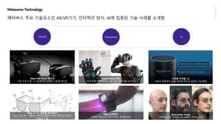 AR/VR AI
Metaverse Technology
메타버스 주요 기술요소인 AR/VR기기, 인터랙션 방식, AI에 집중된 기술 사례를 소개함
Meta 손목밴드
근전도 측정으로 움직이려는 생각을 감지
HaptX Gloves DK2
미세 유체 액추에이터 기술 기반 전문가용 VR 장갑
Interaction
Meta Half Dome 헤드셋
가변 초점 조절 디스플레이로 선택적 고화질 렌더링
Meta Codec Avatar
3차원 프로필 캡쳐와 AI로 세밀한 아바타 구현
아마존 티처블 AI
사용자 명령에서 답을 추론해 역으로 질문이 가능해짐
Meta 오디오 빔포밍 AR 글라스
특정 사용자나 사물의 소리에 집중할 수 있는 액티브 노이즈
캔슬링 기술
 