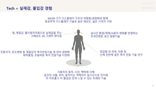 UX DISCOVERY NO.12
SOURCE : 35
Tech + 실재감, 몰입감 경험
사용자의 동작, 시선, 맥락에 더해
공간의 사물, 위치, 움직이는 객체까지 실시간으로 인지해
더 자유롭고 더 몰입감 있게 느낄 수 있는 트래킹 기술
빛, 재질감, 물리법칙적용으로 실재감을 주는
고해상도 3D 그래픽 렌더링
AR/VR 기기 디스플레이 구조의 박형화/경량화와 함께
동공추적 디스플레이 기술로 높은 해상도, 넓은 시야각 구현
실시간 환경/객체/사용자 변화를 반영하는
초개인화된 공간 음향기술
진동자극, 온도변화 등 복합감각 촉각전달기술 및 장비 경량화
화학물질, 초음파등 촉각 전달기술 다양화
장갑형 외 피부, 의류 등
신체 전반에 걸친 촉각 전달 기술 연구
 