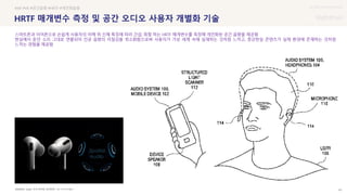 UX DISCOVERY Seminar
SOURCE : 43
HRTF 매개변수 측정 및 공간 오디오 사용자 개별화 기술
Apple, 미국 특허청 (공개번호 : US 11115773B1)
#AR #VR #공간음향 #HRTF #개인화음향
스마트폰과 이어폰으로 손쉽게 사용자의 어깨 위 신체 특징에 따라 간섭, 회절 하는 HRTF 매개변수를 측정해 개인화된 공간 음향을 제공함
현실에서 듣던 소리 그대로 연출되어 인공 음향의 이질감을 최소화함으로써 사용자가 가상 세계 속에 실재하는 것처럼 느끼고, 증강현실 콘텐츠가 실제 환경에 존재하는 것처럼
느끼는 경험을 제공함
 상세
 