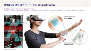 UX DISCOVERY Seminar
SOURCE : 48
화학물질을 통해 물리적 자극 전달, Chemical Haptics
Human Computer Integration Lab
#VR #피부감각 #온도 #화학물질 #실재감 #몰입감 #웨어러블
화학물질을 통해 온도, 촉감 등 피부감각을 전달하는 햅틱 디바이스
시카고 대학 HCI Lab에서 진행한 Chemical Haptics는 기계적 자극으로는 줄 수 없는 저림, 마비와 같은 감각을 화학물질을 통해 전달하여 진동·압력 외에 또 다른 접근을 보여줌
 상세
 