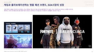 UX DISCOVERY Seminar
SOURCE : 56
게임과 콜라보레이션하는 명품 패션 브랜드, D2A시장의 성장
FORTNITE, BALLENCIAGA, LOUISVUITTON, 블랭코스 블록파티. aparelnews
#VR #D2A #룩덕
게임 캐릭터 외형을 꾸미며 자기만족을 느끼는 룩덕을 중심으로 게임 내 아바타를 통한 자기 표현 니즈는 지속적으로 유지되고 강해질 것이므로
메타버스 서비스와 명품브랜드를 포함한 패션 브랜드의 콜라보나 디지털 패션 크리에이터 경제활동 가능성이 커질 것
상단 Burberry, 블랭코스 블록파티, 하단 Luis vuitton BALENCIAGA, 포트나이트
 상세
 