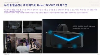 UX DISCOVERY Seminar
SOURCE : 65
눈·입술·얼굴·전신 추적 헤드셋, Pimax 12K OLED VR 헤드셋
Pimax
#VR #아이트래킹 #전신트래킹
헤드셋에 트래킹을 위한 총 11개의 카메라가 탑재되어 시선과 표정, 손 움직임, 전신 움직임까지 추적할 수 있고, 빠르고 지연 없는 스트리밍을 위한
Wi-Fi 6E 기술(WiGig module)을 갖춤.
사람의 시야각과 매우 유사한 시야각을 제공하여 진짜 눈으로 보는 것과 같은 몰입감으로 가상세계에서의 활동을 현실 활동과 동일하게 할 수 있는 가능성을 보여줌
 상세
 