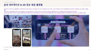 UX DISCOVERY Seminar
SOURCE : 84
실내 내비게이션 & AR 정보 제공 플랫폼
MAXST
# Phygital Retail #AR #VPS
MAXST의 공간기반 AR 플랫폼은 자체 영상인식기술 MAXST VPS기술로 GPS 보다 정밀하며 GPS가 없는 실내 공간에서도 위치 측위를 통해 네비게이션, 매장정보 및 이벤트 정보를
제공
또한 Vision 기술을 통해 실제 크기와 동일한 3D map을 생성하고, 사용자의 3D 공간상 위치와 자세(6DoF)를 빠른 속도로 정확하게 추정하여 몰입형 AR을 제공
현실의 데이터를 기반으로 디지털 정보를 제공하여 증강현실 공간을 만들어내고 데이터간 상호작용을 통해 가상과 현실을 연결해줘 더욱 몰입감 있고 즐거운 쇼핑 경험을 제공함
MAXST 이벤트 정보 제공
MAXST 위치 기반 콘텐츠 노출
MAXST 사용자별 각 위치에서 지속적인 AR 콘텐츠의 다양한 모습 확인
 상세
 