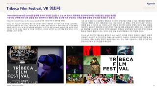 SOURCE : 94
Tribeca Film Festival, VR 영화제
TRIBECA FILM FESTIVAL
Tribeca Film Festival은 Oculus Go 또는 Oculus Quest를 보유한 사람을 위한 VR 영화제를 개최함
Tribeca Film Festival은 2002년부터 매년 봄 뉴욕에서 열리는 영화제로, 9·11 테러 이후 제정됨. 2020년에는
코로나19의 영향으로 한국, 핀란드, 에티오피아 등 전 세계의 영화 제작사의 3D 영화 15편을 VR 기기를 활용해
무료로 감상할 수 있는 VR 형식의 영화제를 개최하였음. 그 중 단편 영화 1st Step은 NASA의 기록 영상과 사진을
사용하여 우주로 보내는 아폴로 달 미션을 다큐멘터리 스타일로 표현하여 VR 우주여행을 통해 방에서 지구의
웅장함을 느낄 수 있게 함
기존 VR 안경을 쓰고 입장했던 영화관은 자신만의 콘텐츠를 시청할 수 있는 개인화된 영화관의
개념으로 변화하고 있다. 영화관에서 보는 것과 다르게 VR 영화는 관객 모두가 같은 위치에서
영화를 즐길 수 있으며, VR 기어와 노이즈 캔슬링 헤드셋이 외부와 완벽히 차단된 몰입 경험을
제공한다. 오프라인 영화관에서 다른 관객의 개입으로 영화 관람을 망친 경험이 있는 사람이라면
VR 영화제를 더 선호할 것이다. 차단된 몰입감은 관객과의 상호작용이 있고 다른 관객의 반응을
통해 공연을 더 즐겁게 느끼는 코미디 연극, 마술 쇼보다 영화에서 가장 적합할 것이다.
앞으로 VR 헤드셋의 해상도와 몰입도가 보다 높아진 미래에 지금의 영화관의 개념은 어떻게
변화될까. 오프라인 공간의 완전한 대체는 불가능하지만 사용자의 선택에 따라 다른 결말을 맺는
인터랙티브 영화, 맞춤형 영화의 제공에 따라 어느 정도 대체 가능하거나, 관람 공간에 따른
콘텐츠의 구분이 생기지 않을까 예상한다.
#VR #1인칭 #영화제 #
Tribeca Film Festival은 Oculus를 활용해 무료로 영화를 감상할 수 있는 VR 형식의 영화제를 개최하여 외부와 차단된 몰입 경험을 제공함
사용자의 선택에 따라 다른 결말을 맺는 인터랙티브 영화나 관람 공간에 따른 콘텐츠의 구분을 통해 맞춤형 콘텐츠를 제공할 수 있을 것
 