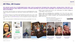 SOURCE : 129
AR Filter, AR Creator
Dior, PRADA, GUCCI
패션 브랜드들은 스냅챗, 페이스북 필터, 인스타그램 필터 등 SNS서비스에서 사진 촬영에 활용해 재미있는 연출이
가능한 AR Filter를 출시해 사용자들에게 브랜드 감성을 전달하고 사용자들은 재미있는 경험과 함께 스스로 SNS에
공유함
19년 프라다가 GoldenGlow 인스타그램 필터로 성공적인 홍보를 했던 이후 이러한 AR Filter 는 패션, 코스메틱
등의 브랜드에서는 기본적으로 고려하는 기능이 되었고 브랜드 앱의 체험을 위한 서비스로 제공되고 있으며,
Snapchat에서 사용할 수 있는 랄프로렌 Bimoji는 내 자신만의 아바타를 위한 디지털 패션 아이템을 제공하고
있음
다양하고 재미있는 필터효과들은 사진 촬영에 즐거움을 더하며 많은 AR Filter Creator들의 활동이 이어지고 있음
메타버스 서비스의 중요한 동력 중 하나는 개인 크리에이터들이 가상 세계에서 경제활동으로
수익을 창출하는 Creator Economy이다.
재미있는 연출로 숏컷 영상촬영을 즐기는 MZ세대들의 니즈가 커지고 있어 서비스 회사가
제공하는 Studio 기능으로 상상력만 있다면 손쉽게 도전할 수 있는 AR Filter Creator에 도전하는
사람들은 늘어날 것이고, 유명해진 Creator들은 브랜드 콜라보레이션을 통해 실질적인 수익
창출로 이어질 것이다.
#AR #SNS #Creator Economy
패션 브랜드들이 SNS서비스에서 사진 촬영에 활용해 재미있는 연출이 가능한 AR Filter를 출시해 사용자들에게 브랜드 감성을 전달하고 사용자들은 재미있는 경험과 함께 스스로
SNS에 공유함. 숏폼 영상으로 재밌는 연출을 즐기는 MZ세대의 니즈에 맞춰서 손쉽게 만들수 있는 Studio기능 제공과 수익을 창출할 수 있는 장을 마련하는 Creator Economy 생태계
형성이 더욱 중요해질 것
PRADA Instagram Filter GUCCI App AR Try on 랄프로렌 Bitmoji @ snapchat Lenslist, AR Creator’s Filter
 