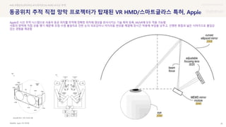 UX DISCOVERY Seminar
SOURCE : 39
동공위치 추적 직접 망막 프로젝터가 탑재된 VR HMD/스마트글라스 특허, Apple
Apple, 미국 특허청
#VR #해상도(PPI,PPD) #시야각(FOV) #VRD #시선 추적
Apple은 시선 추적 시스템으로 사용자 동공 위치를 추적해 정확한 위치에 영상을 반사시키는 기술 특허 등록, AR/VR에 모두 적용 가능함
사람의 망막에 직접 상을 맺기 때문에 초점-수렴 불일치로 인한 눈의 피로감이나 어지러움 현상을 해결해 장시간 착용에 부담을 낮추고, 선명한 화질과 넓은 시야각으로 몰입감
있는 경험을 제공함
AR/VR에 맞는 구현 다이어그램
 상세
 