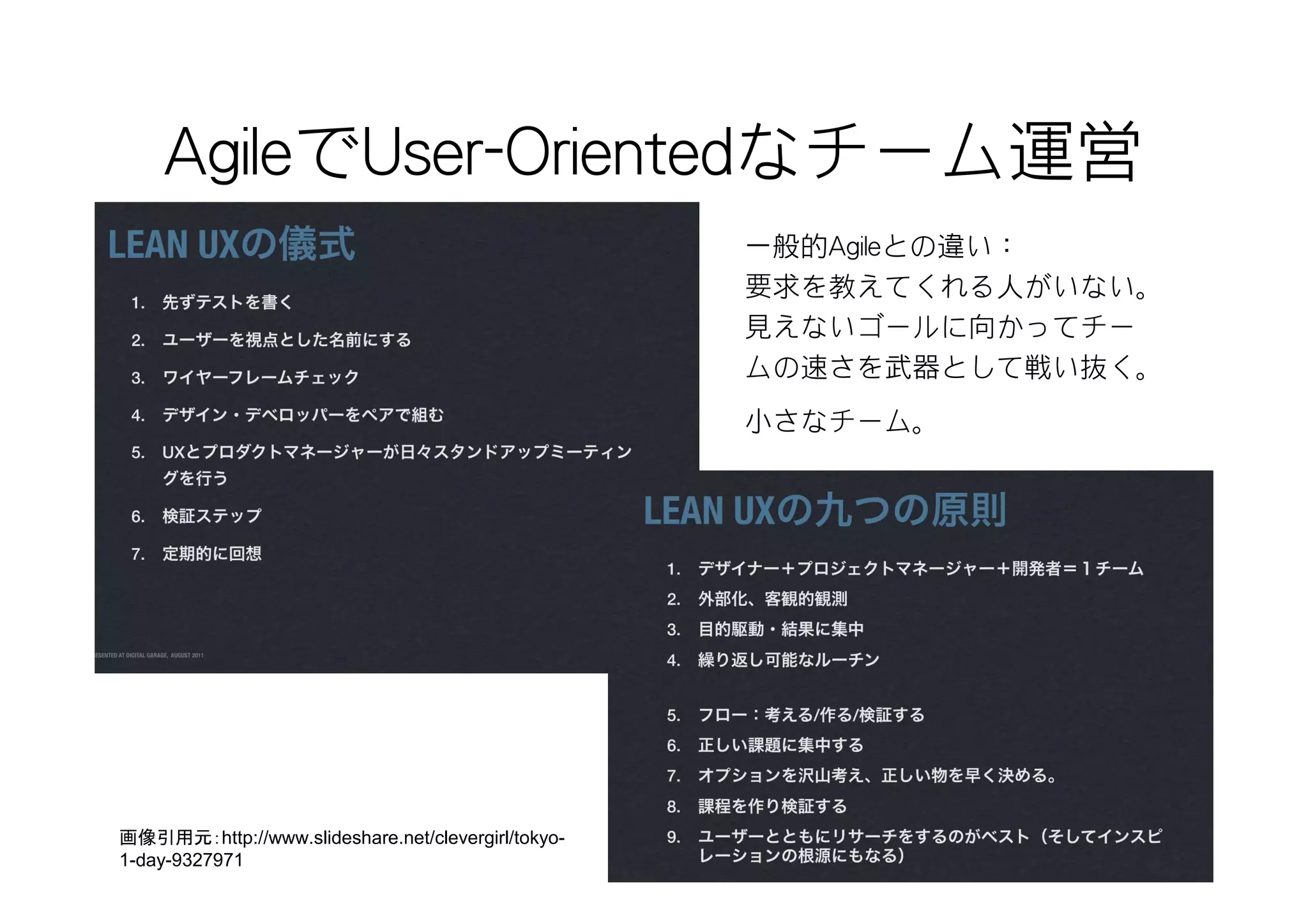 AgileでUser-Orientedなチーム運営
                                                    一般的Agileとの違い：
                                                    要求を教えてくれる人がいない。
                                                    見えないゴールに向かってチー
                                                    ムの速さを武器として戦い抜く。
                                                    小さなチーム。




画像引用元：http://www.slideshare.net/clevergirl/tokyo-
1-day-9327971
 