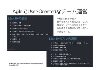 AgileでUser-Orientedなチーム運営
                                                    一般的Agileとの違い：
                                                    要求を教えてくれる人がいない。
                                                    見えないゴールに向かってチー
                                                    ムの速さを武器として戦い抜く。
                                                    小さなチーム。




画像引用元：http://www.slideshare.net/clevergirl/tokyo-
1-day-9327971
 