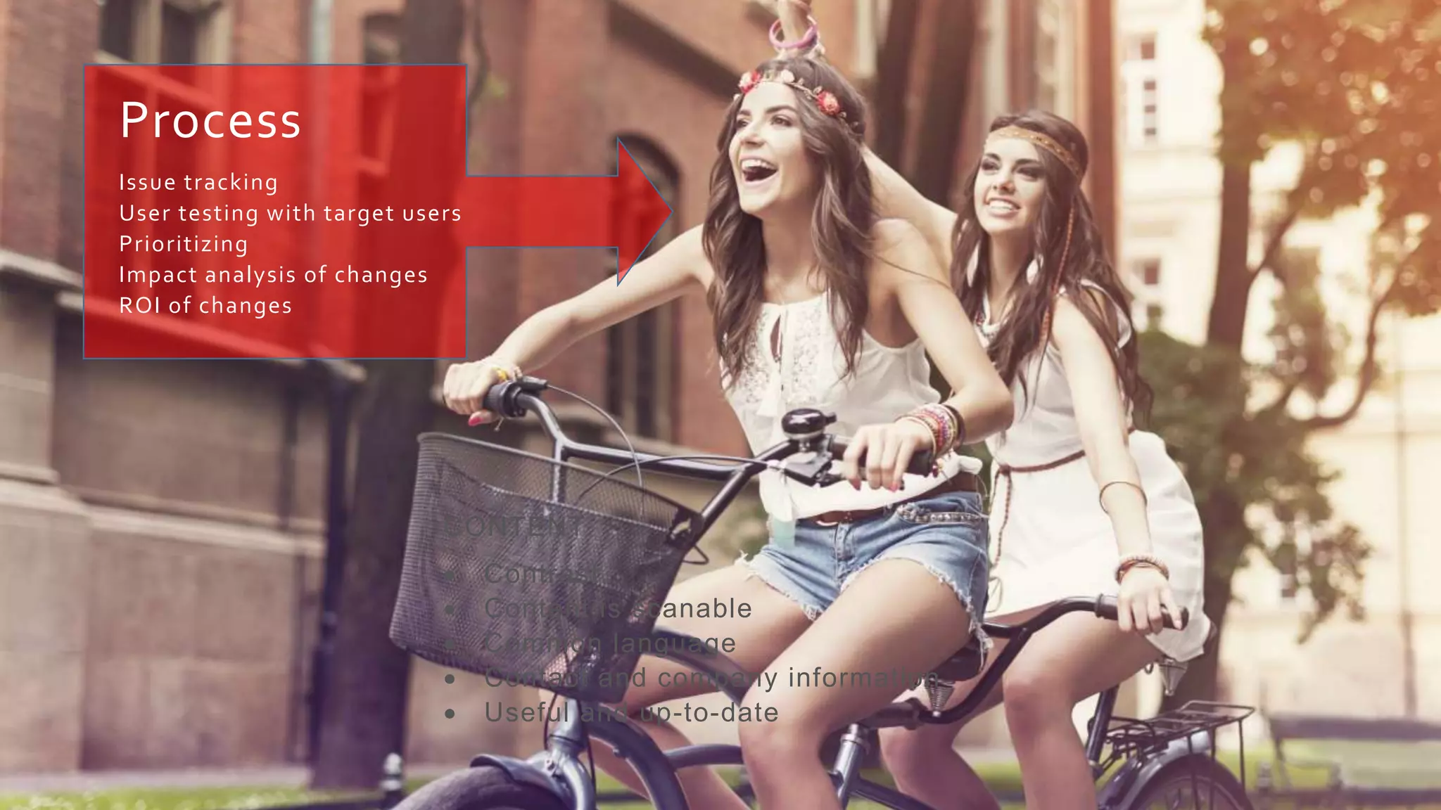 CONTENT
 Contrast.
 Content is scanable
 Common language
 Contact and company information
 Useful and up-to-date
Process
Issue tracking
User testing with target users
Prioritizing
Impact analysis of changes
ROI of changes
 