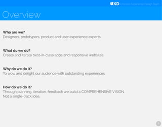 Univision Experience Design Team
Overview
Who are we?
Designers, prototypers, product and user experience experts.
What do we do?
Create and iterate best-in-class apps and responsive websites.
Why do we do it?
To wow and delight our audience with outstanding experiences.
How do we do it?
Through planning, iteration, feedback we build a COMPREHENSIVE VISION.
Not a single-track idea.
1
 