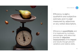 E
ffi
ciency is not a
qualitative and subjective
estimate and it is not
measured by adjectives
or any verbal descriptors.
E
ffi
ciency is quanti
fi
able and
it is measured by numbers,
percentages, and ratios that
provide an objective
measurement of the impact
and results though percent
variations and relative delta.
10
P/Bertini @ UXDX 2021
 