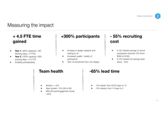 Measuring the impact
+ 4.5 FTE time
gained
● Year 1: (65% capacity)+ 430
Working days = 2 FTEs


● Year 2: (100% capacity) +900
working days = 4.5 FTE


● Enabling ambidexterity
Team health
● Attrition = >5%


● Team growth: 12% (58 to 65)


● AES (Annual Engagement score)
+20%
-65% lead time
● H3 market: from 22/24 days to 12


● H3 markets: from 14 days to 5
+300% participants
● Increase in design research and
testing by 4x


● Increased quality / variety of
participants


● 35% of recruitment from non-design
- 55% recruiting
cost
● In H2 markets savings to recruit
participants reached 72% (from
$380 to $180)


● In H3 markets the savings were
about - 45%
22
P/Bertini @ UXDX 2021
 