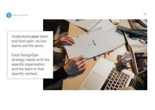 Understand your team
and their pain: no two
teams are the same. 
Each DesignOps
strategy needs to fit the
specific organisation
and the team in that
specific context.
32
P/Bertini @ UXDX 2021
 