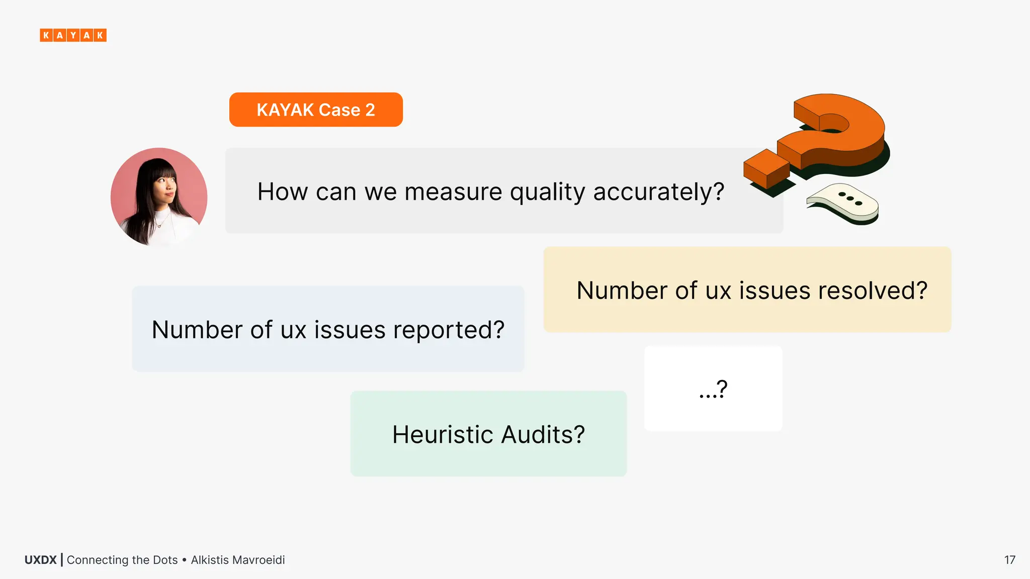 17
UXDX | Connecting the Dots • Alkistis Mavroeidi
How can we measure quality accurately?
KAYAK Case 2
Number of ux issues reported?
Number of ux issues resolved?
Heuristic Audits?
…?
 