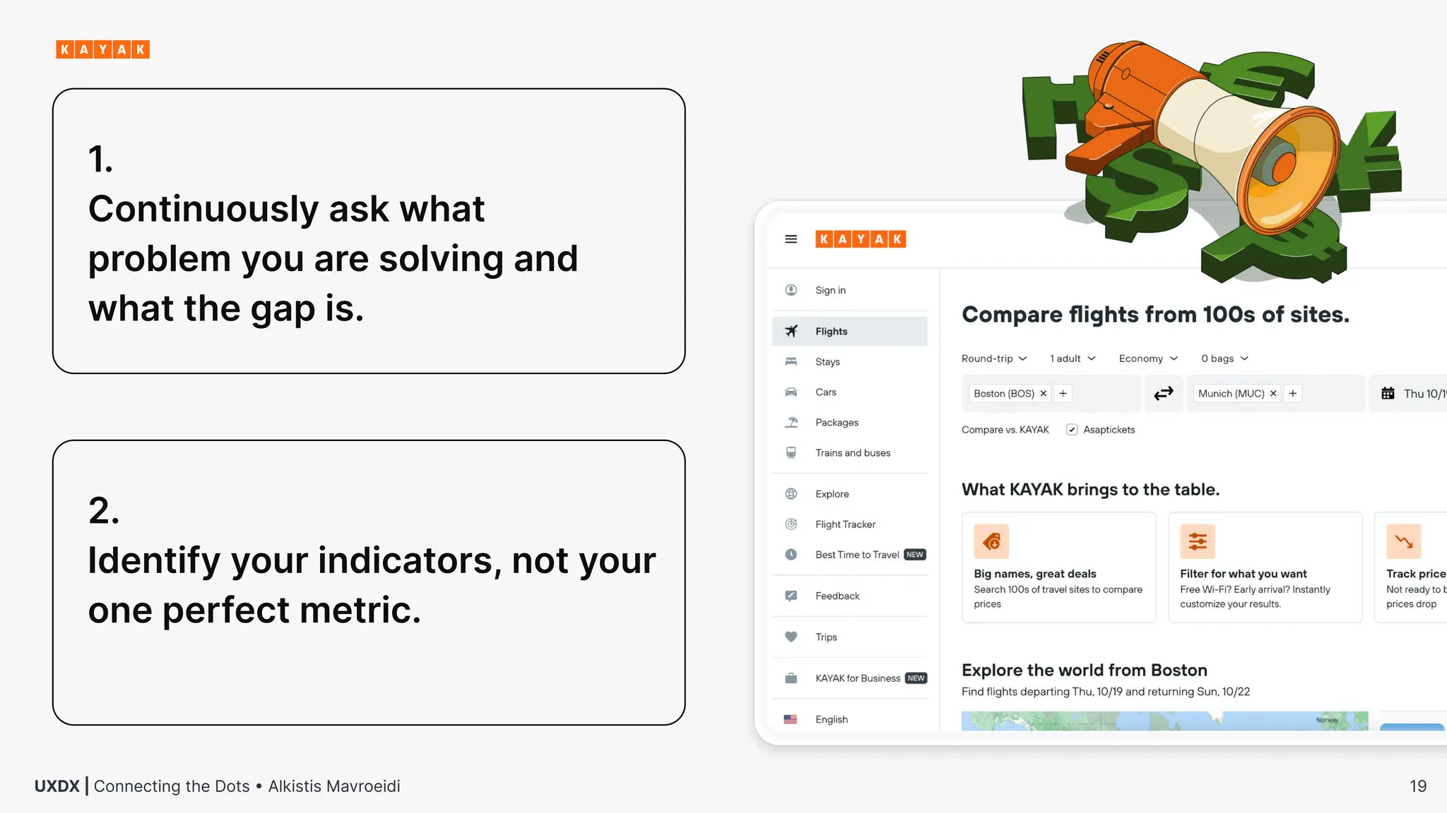 19
UXDX | Connecting the Dots • Alkistis Mavroeidi
1.
Continuously ask what
problem you are solving and
what the gap is.
2.
Identify your indicators, not your
one perfect metric.
 