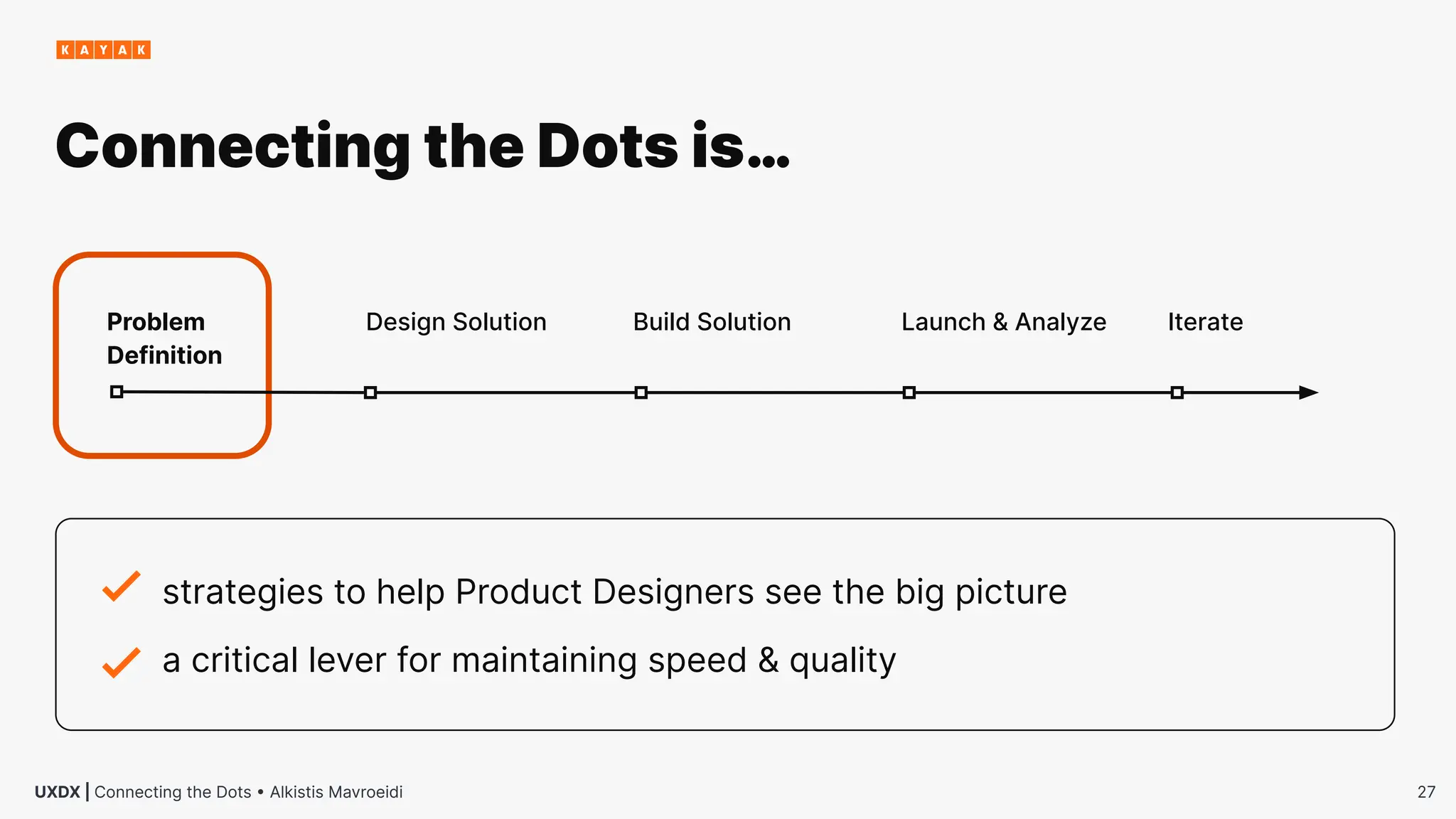 27
UXDX | Connecting the Dots • Alkistis Mavroeidi
strategies to help Product Designers see the big picture
a critical lever for maintaining speed & quality
Connecting the Dots is…
Problem
Definition
Design Solution Build Solution Launch & Analyze Iterate
 