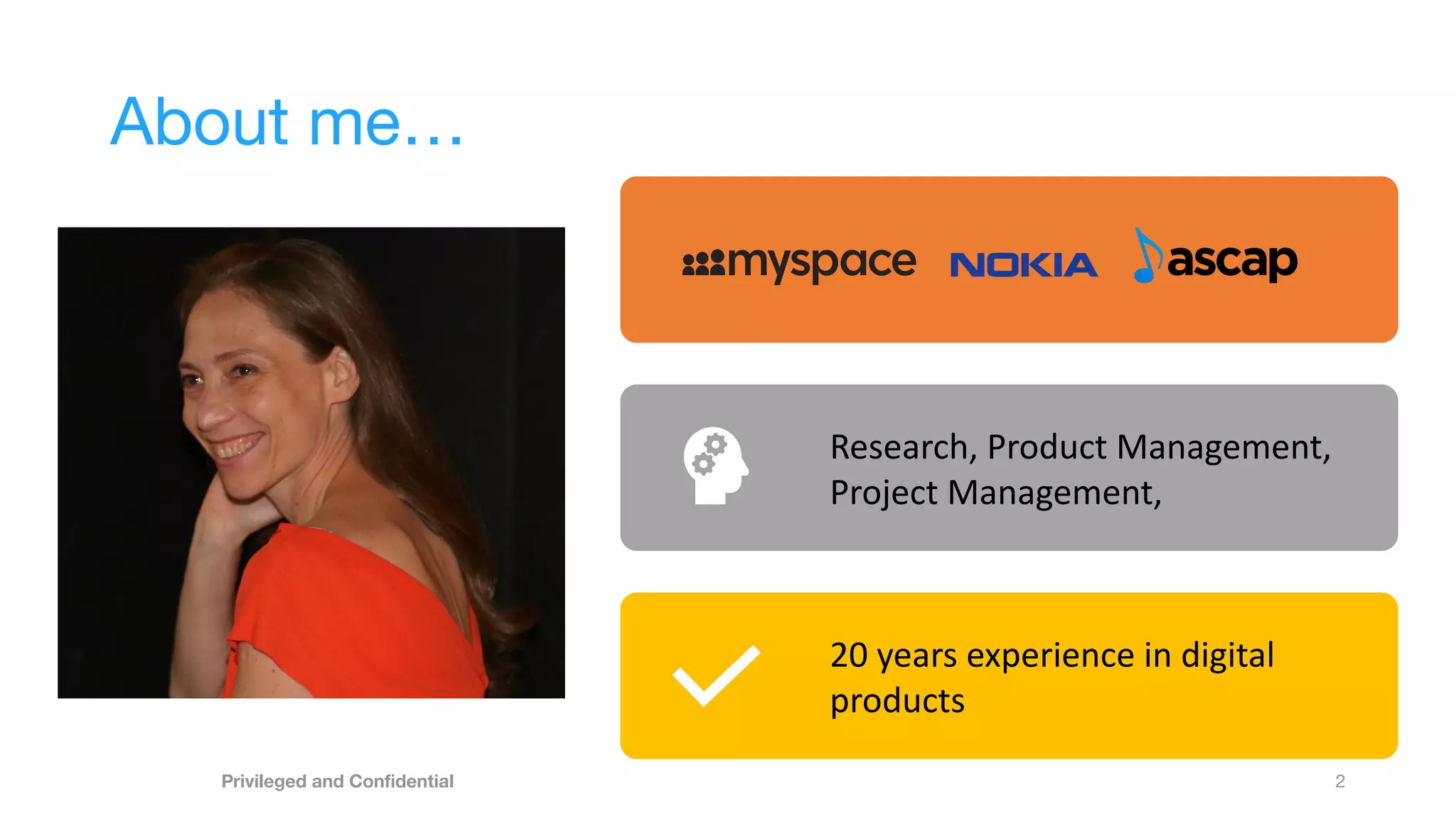 About me…
2
Privileged and Conﬁdential
Research, Product Management,
Project Management,
20 years experience in digital
products
 