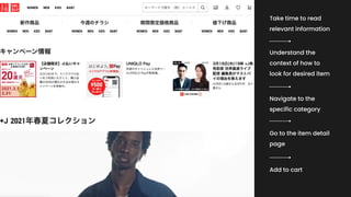 Take time to read
relevant information
Understand the
context of how to
look for desired item
Navigate to the
specific category
Go to the item detail
page
Add to cart
 