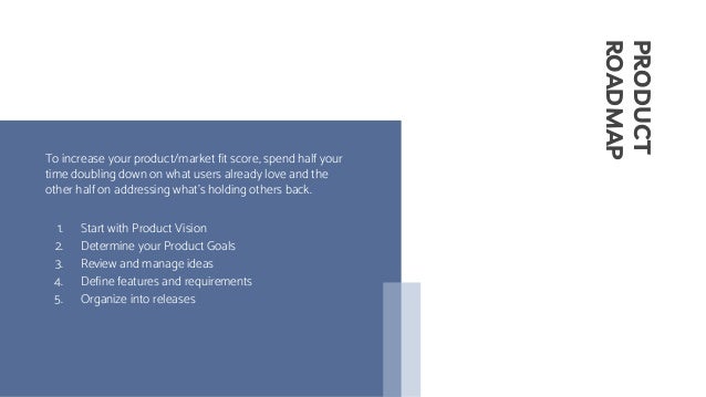 To increase your product/market fit score, spend half your
time doubling down on what users already love and the
other half on addressing what’s holding others back.
1. Start with Product Vision
2. Determine your Product Goals
3. Review and manage ideas
4. Define features and requirements
5. Organize into releases
PRODUCT
ROADMAP
 