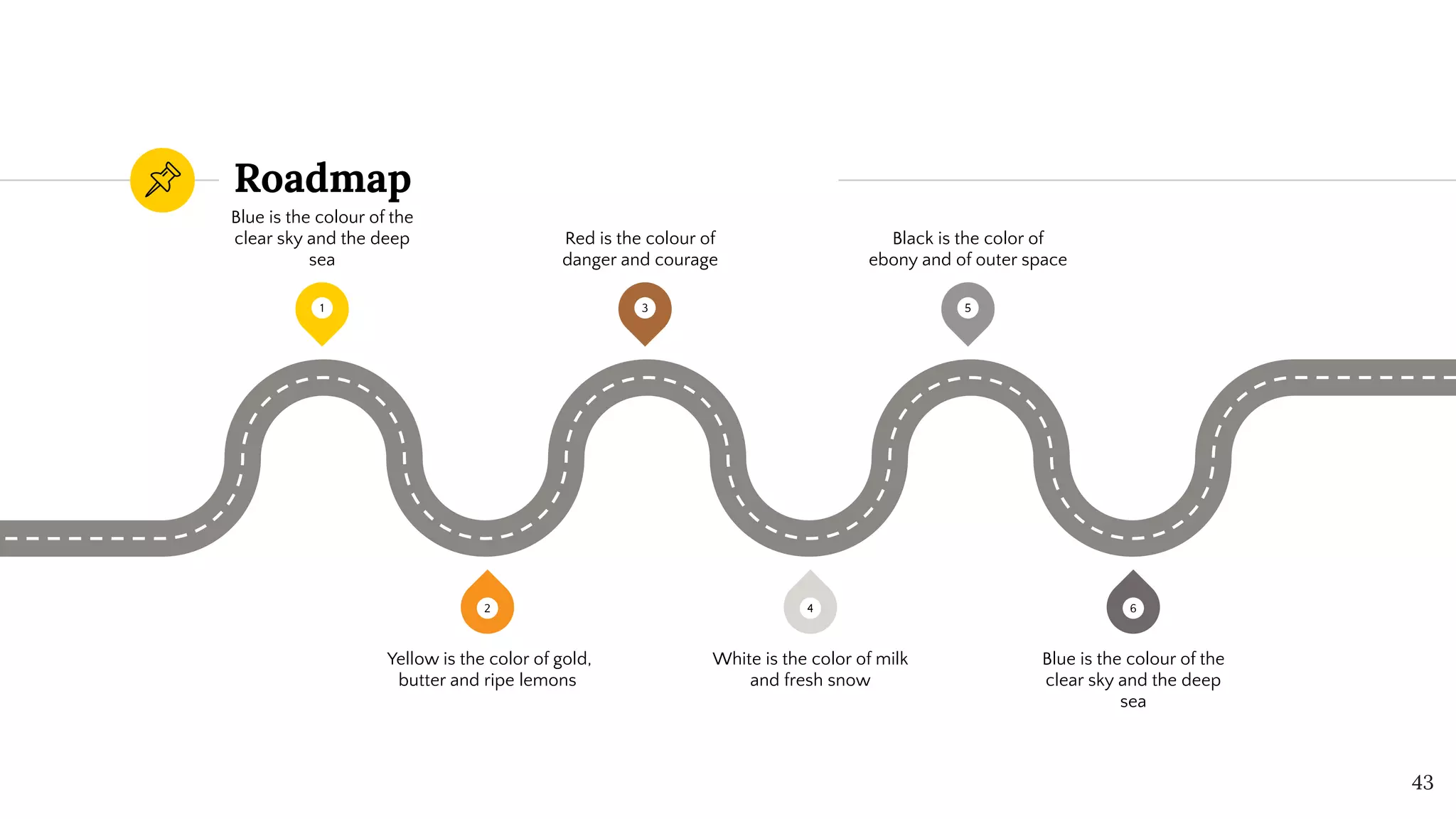 Roadmap
43
1 3 5
6
4
2
Blue is the colour of the
clear sky and the deep
sea
Red is the colour of
danger and courage
Black is the color of
ebony and of outer space
Yellow is the color of gold,
butter and ripe lemons
White is the color of milk
and fresh snow
Blue is the colour of the
clear sky and the deep
sea
 
