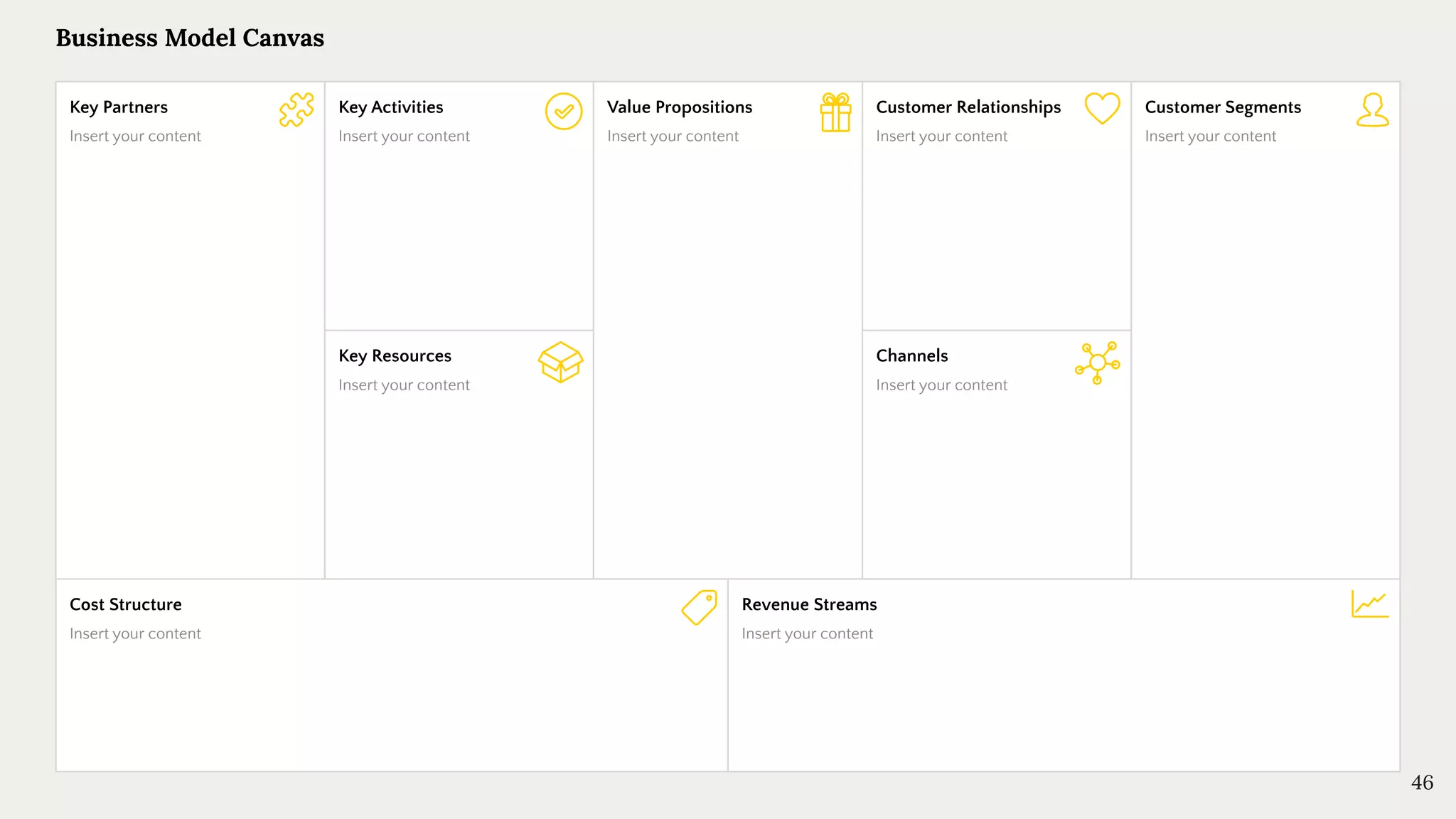 Business Model Canvas
46
Key Activities
Insert your content
Key Resources
Insert your content
Value Propositions
Insert your content
Customer Relationships
Insert your content
Channels
Insert your content
Customer Segments
Insert your content
Key Partners
Insert your content
Cost Structure
Insert your content
Revenue Streams
Insert your content
 
