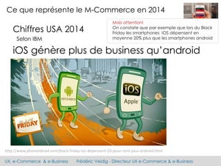 UX, e-Commerce & e-Business Frédéric Veidig - Directeur UX e-Commerce & e-Business
Ce que représente le M-Commerce en 2014
Mais attention!
On constate que par exemple que lors du Black
Friday les smartphones iOS dépensent en
moyenne 20% plus que les smartphones android
http://www.phonandroid.com/black-friday-ios-depensent-20-pour-cent-plus-android.html
iOS génère plus de business qu’android
Chiffres USA 2014
Selon IBM
 