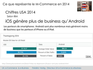 UX, e-Commerce & e-Business Frédéric Veidig - Directeur UX e-Commerce & e-Business
Ce que représente le M-Commerce en 2014
Les porteurs de smartphones Android sont plus nombreux mais génèrent moins
de business que les porteurs d’iPhone ou d’iPad.
Chiffres USA 2014
Selon IBM
http://www.phonandroid.com/black-friday-ios-depensent-20-pour-cent-plus-android.html
iOS génère plus de business qu’Android
 