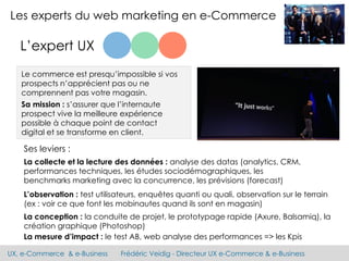 UX, e-Commerce & e-Business Frédéric Veidig - Directeur UX e-Commerce & e-Business
Les experts du web marketing en e-Commerce
L’expert UX
Sa mission : s’assurer que l’internaute
prospect vive la meilleure expérience
possible à chaque point de contact
digital et se transforme en client.
Le commerce est presqu’impossible si vos
prospects n’apprécient pas ou ne
comprennent pas votre magasin.
La collecte et la lecture des données : analyse des datas (analytics, CRM,
performances techniques, les études sociodémographiques, les
benchmarks marketing avec la concurrence, les prévisions (forecast)
Ses leviers :
La conception : la conduite de projet, le prototypage rapide (Axure, Balsamiq), la
création graphique (Photoshop)
La mesure d’impact : le test AB, web analyse des performances => les Kpis
L’observation : test utilisateurs, enquêtes quanti ou quali, observation sur le terrain
(ex : voir ce que font les mobinautes quand ils sont en magasin)
 