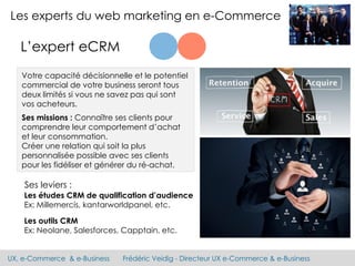 UX, e-Commerce & e-Business Frédéric Veidig - Directeur UX e-Commerce & e-Business
Les experts du web marketing en e-Commerce
L’expert eCRM
Ses missions : Connaître ses clients pour
comprendre leur comportement d’achat
et leur consommation.
Créer une relation qui soit la plus
personnalisée possible avec ses clients
pour les fidéliser et générer du ré-achat.
Votre capacité décisionnelle et le potentiel
commercial de votre business seront tous
deux limités si vous ne savez pas qui sont
vos acheteurs.
Ses leviers :
Les études CRM de qualification d’audience
Ex: Millemercis, kantarworldpanel, etc.
Les outils CRM
Ex: Neolane, Salesforces, Capptain, etc.
 