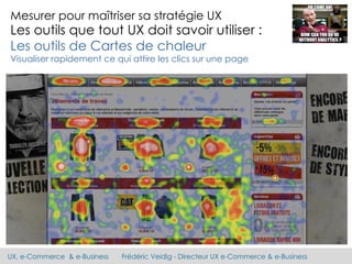 UX, e-Commerce & e-Business Frédéric Veidig - Directeur UX e-Commerce & e-Business
Mesurer pour maîtriser sa stratégie UX
Les outils que tout UX doit savoir utiliser :
Les outils de Cartes de chaleur
Visualiser rapidement ce qui attire les clics sur une page
 