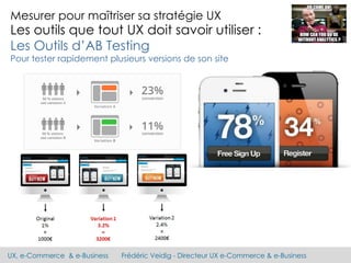 UX, e-Commerce & e-Business Frédéric Veidig - Directeur UX e-Commerce & e-Business
Mesurer pour maîtriser sa stratégie UX
Les outils que tout UX doit savoir utiliser :
Les Outils d’AB Testing
Pour tester rapidement plusieurs versions de son site
 