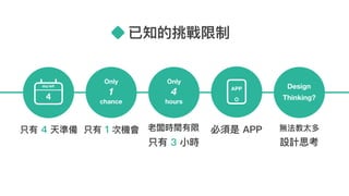 已知的挑戰限制
4
day left
必須是 APP
APP
只有 4 天準備 只有 1 次機會
Only
1
chance
老闆時間有限
只有 3 ⼩小時
Only
4
hours
無法教太多
設計思考
Design
Thinking?
 