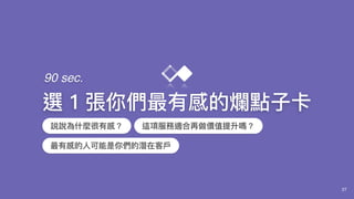 27
選 1 張你們最有感的爛點⼦子卡
90 sec.
這項服務適合再做價值提升嗎？説說為什什麼很有感？
最有感的⼈人可能是你們的潛在客⼾戶
 