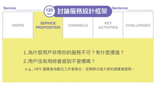 討論服務設計框架120
Sec
Service
CHANNELS
KEY
ACTIVITIES
CHALLENGES
ACTORS USAGE COMPETITORS
KEY
RESOURCES
COSTS
ROI KPIS
Sentence
USERS
1.為什什麼⽤用⼾戶非⽤用你的服務不可？有什什麼價值？
2.⽤用⼾戶沒有⽤用時會感到不習慣嗎？ 
e.g., HPX 讀書會為數位⼯工作者媒合，並舉辦分組⼤大聚的讀書會服務。
SERVICE
PROPOSITION
 