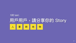 27
⽤用⼾戶⽤用⼾戶，請分享你的 Story
180 sec.
⼈人 事 時 地 物
 