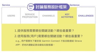 Service Sentence
USERS
SERVICE
PROPOSITION
CHANNELS CHALLENGES
USAGE COMPETITORS
KEY
RESOURCES
COSTS
ROI KPIS
ACTORS
KEY
ACTIVITIES
1.提供服務需要哪些關鍵活動？哪些最重要？
2.使⽤用服務(⽤用⼾戶)需要哪些關鍵活動？哪些最重要？ 
e.g., ⽤用⼾戶需要先下載安裝 Garmin Connect 才能⾃自動連結 Strava
APP，把他的運動記錄⾃自動貼在動態牆。
300
Sec
討論服務設計框架
 