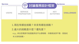 Service Sentence
USERS
SERVICE
PROPOSITION
CHANNELS CHALLENGES
USAGE COMPETITORS
KEY
RESOURCES
COSTS
ROI KPIS
ACTORS
1.現在有哪些挑戰？未來來有哪些挑戰？
2.最⼤大的挑戰是什什麼？優先度？ 
e.g., 綜合型電商可能⾯面臨臨其他平台價格戰、供應商貨源不穩、客服成
本太⾼高等挑戰。
300
Sec
討論服務設計框架
KEY
ACTIVITIES
 