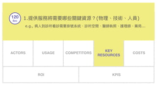 Service Sentence
USERS
SERVICE
PROPOSITION
CHANNELS CHALLENGES
USAGE COMPETITORS
KEY
RESOURCES
COSTS
ROI KPIS
ACTORS
120
Sec
討論服務設計框架
KEY
ACTIVITIES
1.提供服務將需要哪些關鍵資源？(物理理、技術、⼈人員) 
e.g., 病⼈人到診所看診需要掛號系統、診所空間、醫師執照、護理理師、藥局...
120
Sec
 