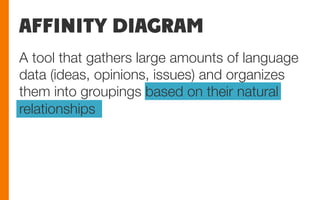 AFFINITY DIAGRAM
A tool that gathers large amounts of language
data (ideas, opinions, issues) and organizes
them into groupings based on their natural
relationships
 