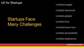 UX ESSENTIALS FOR STARTUPS
UX for Startups
Startups Face

Many Challenges
Limited budget

Limited resources

Limited people

Limited time

Limited know how

Limited accessibility

Limited experience
 