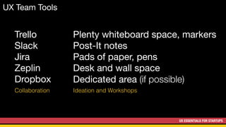 UX ESSENTIALS FOR STARTUPS
UX Team Tools
Collaboration
Trello

Slack

Jira

Zeplin

Dropbox
Ideation and Workshops
Plenty whiteboard space, markers

Post-It notes

Pads of paper, pens

Desk and wall space

Dedicated area (if possible)
 
