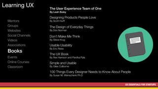 UX ESSENTIALS FOR STARTUPS
Learning UX
Mentors
Groups
Websites
Social Channels
Videos
Associations
Books
Events
Online Courses
Classroom
Don’t Make Me Think
By Steve Krug
Designing Products People Love
By Scott Hurff
The User Experience Team of One 
By Leah Buley
The Design of Everyday Things 
By Don Norman
Usable Usability
By Eric Reiss
The UX Book
By Rex Harrison and Pardha Pyla
Simple and Usable
By Giles Colborne
100 Things Every Designer Needs to Know About People
By Susan M. Weinschenk Ph.D
 