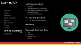 UX ESSENTIALS FOR STARTUPS
Learning UX
Mentors
Groups
Websites
Social Channels
Videos
Associations
Books
Events
Online Courses
Classroom
edX (Free or Low Cost)
• UX Design
• UX: Understanding Your User Needs
• UX: Principles of Designing for Humans
• UX: Usability Testing
• Introduction to UX Research
The Next Web (Low Cost)
• UI & UX Design Bootcamp Bundle
UXTraining
Webinars & Email Lists (Free)
• UXPA
• UserZoom
• Studio by UXPin
• UX Booth
 