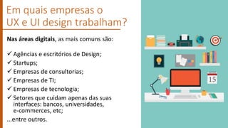 Em quais empresas o
UX e UI design trabalham?
Nas áreas digitais, as mais comuns são:
 Agências e escritórios de Design;
 Startups;
 Empresas de consultorias;
 Empresas de TI;
 Empresas de tecnologia;
 Setores que cuidam apenas das suas
interfaces: bancos, universidades,
e-commerces, etc;
...entre outros.
 
