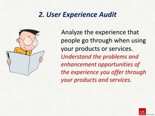 2. User Experience Audit
Analyze the experience that
people go through when using
your products or services.
Understand the problems and
enhancement opportunities of
the experience you offer through
your products and services.

 