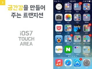 iOS7
TOUCH
AREA
공간감을 만들어
주는 트랜지션
3
 