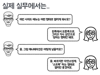 실제 실무에서는..
이번 사이드 메뉴는 어떤 형태로 열리게 되나요?
왼쪽에서 오른쪽으로,
그리고 기사 상단으로
덮이는 형태면 돼요.
음, 그럼 애니메이션은 어떻게 넣을까요?
음, 빠르지만 자연스럽게.
‘스르륵’ 하는 형태로
열리면 좋겠어요.
 